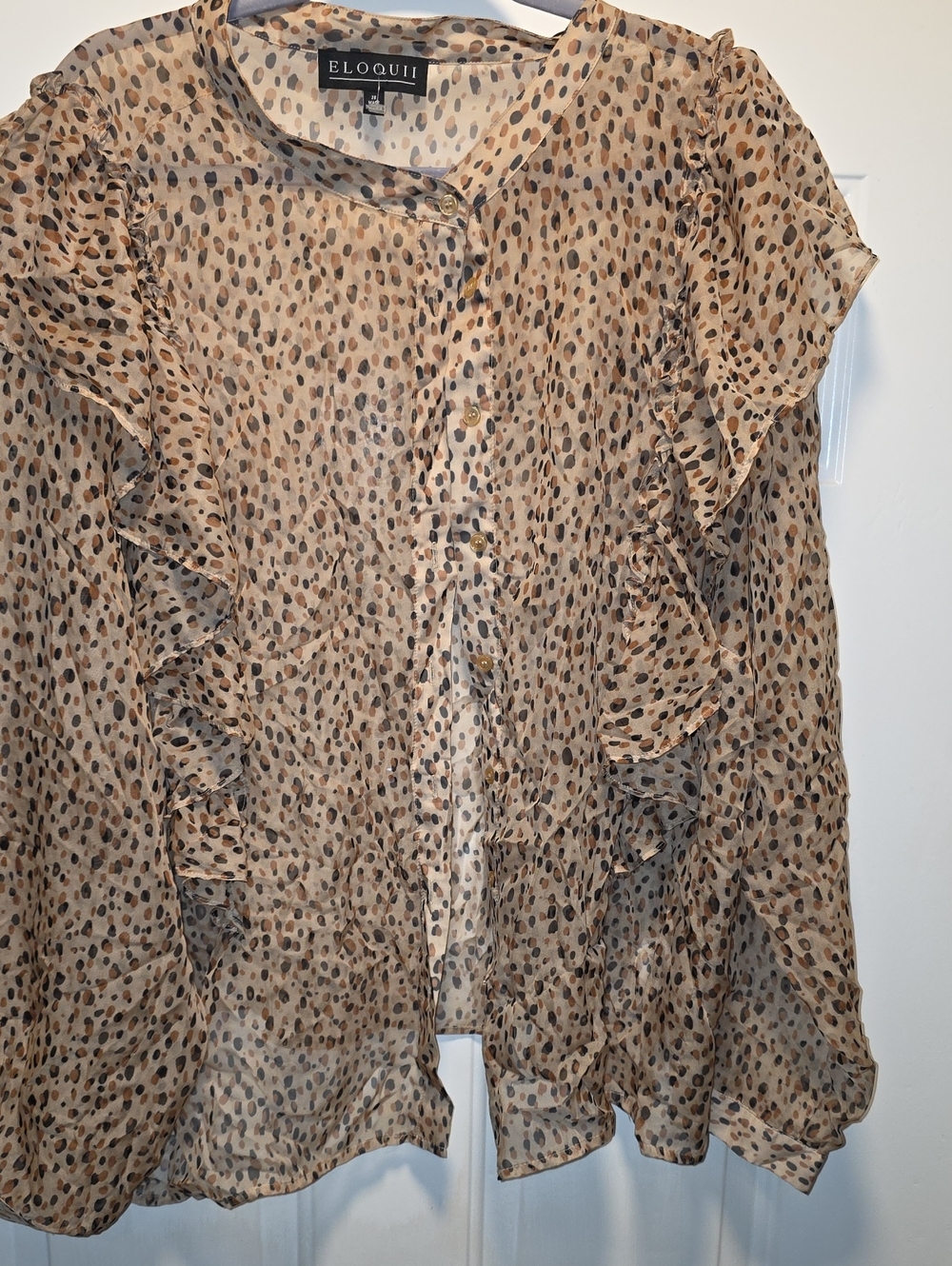 Eloquii Tan and Black Dotted Sheer Ruffle Button-Front Blouse
